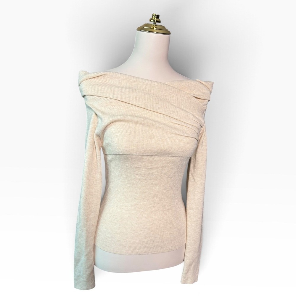 Commense Cream Beige Off Shoulder Draped Wrap Knit Top Long Sleeve Small NWT